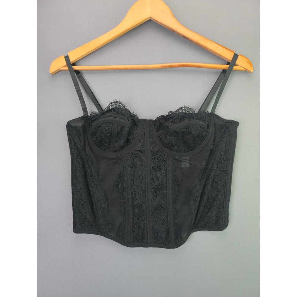 Wynnque Lace Corset Top Bustier Boned Mesh Sleeveless M Black Underwire Y2K